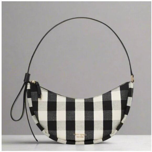 Kate Spade Smile Shoulder Bag Black Gingham Small Leather Fabric Zip Top White - Picture 1 of 10